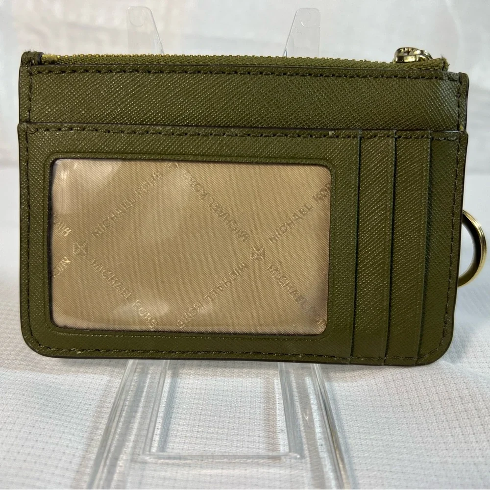 2043: Michael Kors Olive Green Leather Zip Card Holder Key Pouch